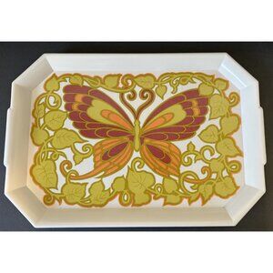 1960s 1970s butterfly serving tray boho harvest gold green purple retro plastic